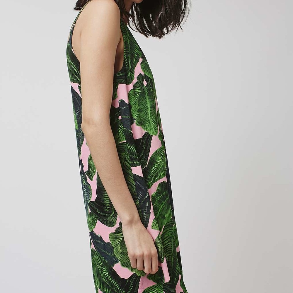Pink/Green Palm Leaf Tropical Dress, S